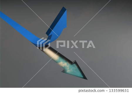 Blue arrow pointing up against grey surface Blue arrow pointing up against grey surface 133599631
