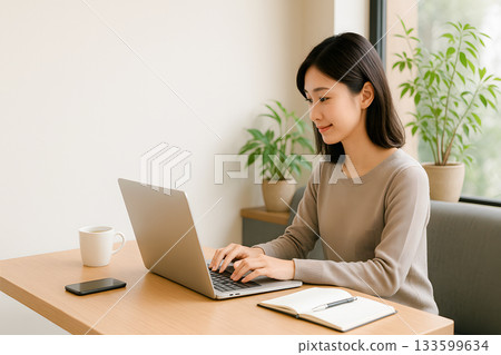 一位年輕的日本女性在咖啡館裡用筆記型電腦寫部落格和使用社群媒體的商業照片 133599634