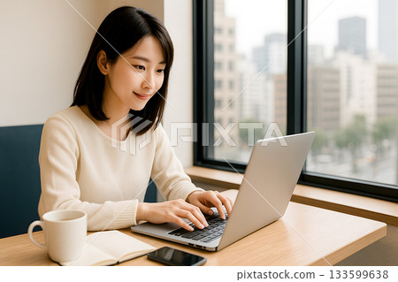 Business image of a young Japanese woman writing a blog and using SNS on a laptop in a cafe 133599638