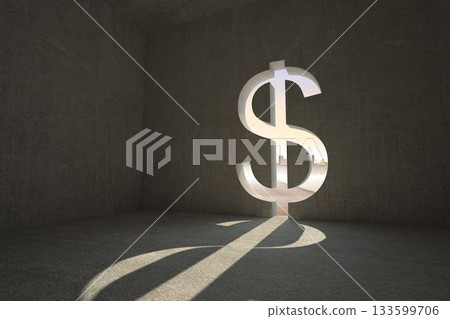 Large dollar sign cutout is casting crisp sunbeam shadow in flat design vault with distant skyline Large dollar sign cutout is casting crisp sunbeam shadow in flat design vault with distant skyline 133599706
