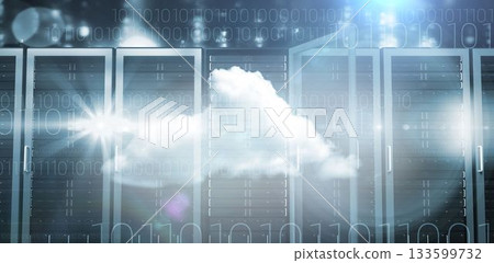 Cloud icon is floating and glowing above server cabinets with status LEDs overlaying binary code Cloud icon is floating and glowing above server cabinets with status LEDs overlaying binary code 133599732