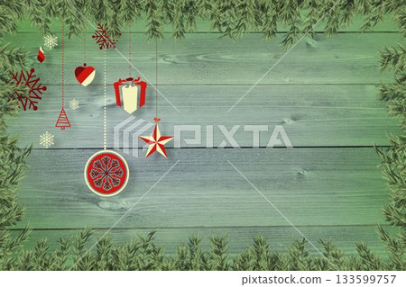 Christmas decorations over wooden planks Christmas decorations over wooden planks 133599757