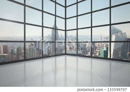 Room with large window showing city Room with large window showing city 133599797