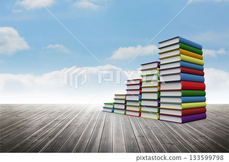 Stacks of multicolored hardcover books are rising on wooden floor under sky with clouds, copy space Stacks of multicolored hardcover books are rising on wooden floor under sky with clouds, copy space 133599798