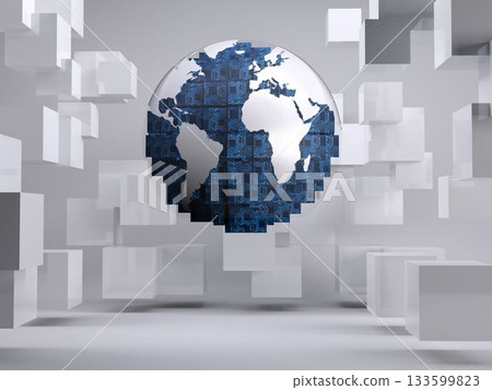 Digital globe on grey background with cubes Digital globe on grey background with cubes 133599823
