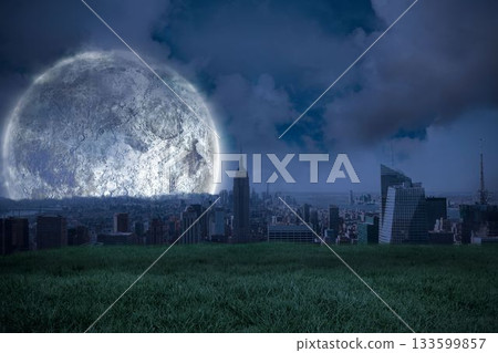 Digitally generated Large moon over city 133599857