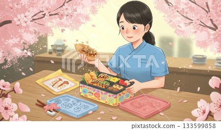 圖畫書風格。食品廠的男員工正在檢查產品。 圖畫書風格。食品廠的男員工正在檢查產品。 133599858