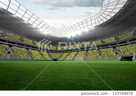 Flat design stadium illustration is showing green pitch crowded yellow green stands and floodlights Flat design stadium illustration is showing green pitch crowded yellow green stands and floodlights 133599859