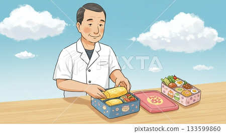 Picture book style. A male food factory staff member inspecting a product while holding it in his hand. 133599860