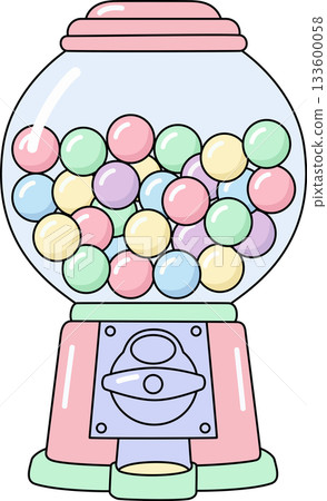 Nostalgic Pastel Gumball Machine with Bubble Gum Candies Retro Cartoon Illustration Nostalgic Pastel Gumball Machine with Bubble Gum Candies Retro Cartoon Illustration 133600058