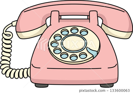Nostalgic Retro Cartoon Pink Rotary Dial Telephone Vintage Old-Fashioned Classic Phone Illustration 133600063