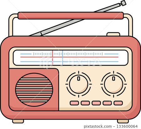 Nostalgic Retro Cartoon Portable Transistor Radio Vintage Old-Fashioned Radio Receiver Illustration 133600064