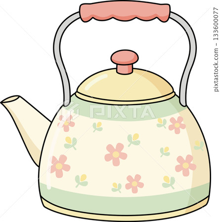 Cute Retro Teapot with Flower Pattern Vintage Kettle Cartoon Illustration in Pastel Cute Retro Teapot with Flower Pattern Vintage Kettle Cartoon Illustration in Pastel 133600077