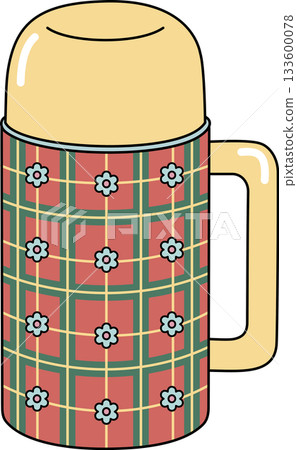 Retro Thermos Flask Cartoon with Plaid and Flower Pattern Vintage Bottle Illustration Retro Thermos Flask Cartoon with Plaid and Flower Pattern Vintage Bottle Illustration 133600078