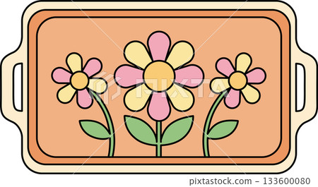 Retro Flower Serving Tray Cartoon Cute 70s Groovy Floral Plate Illustration Retro Flower Serving Tray Cartoon Cute 70s Groovy Floral Plate Illustration 133600080
