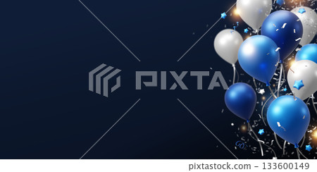 Blue and silver balloons with confetti on dark blue background with copy space 3D render 133600149