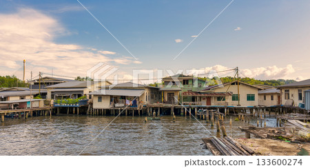 Kampong Ayer water village with Raja Isteri Pengiran Anak Hajah Saleha Bridge in the far end, Bandar Seri Begawan, Brunei. 133600274