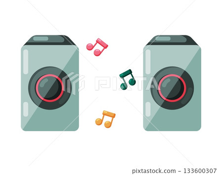 Pair of retro audio speakers with musical notes illustration Pair of retro audio speakers with musical notes illustration 133600307