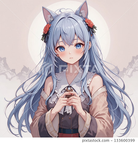 Beautiful girl with cat ears, illustration of a girl with cat ears Beautiful girl with cat ears, illustration of a girl with cat ears 133600399