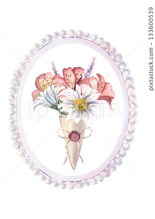 Pearl frame, bouquet, lavender, chrysanthemum, alstroemeria. Hand-painted watercolor illustration isolated on white for printing on posters, textile, card, wedding invitation, scrapbooking, design Pearl frame, bouquet, lavender, chrysanthemum, alstroemeria. Hand-painted watercolor illustration isolated on white for printing on posters, textile, card, wedding invitation, scrapbooking, design 133600539