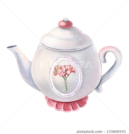 White ceramic teapot, pearl frame, alstroemeria flower bouquet. Hand-painted watercolor illustration isolated on white for kitchen print, menu, tea, tableware branding, card, textile, posters, decor White ceramic teapot, pearl frame, alstroemeria flower bouquet. Hand-painted watercolor illustration isolated on white for kitchen print, menu, tea, tableware branding, card, textile, posters, decor 133600541