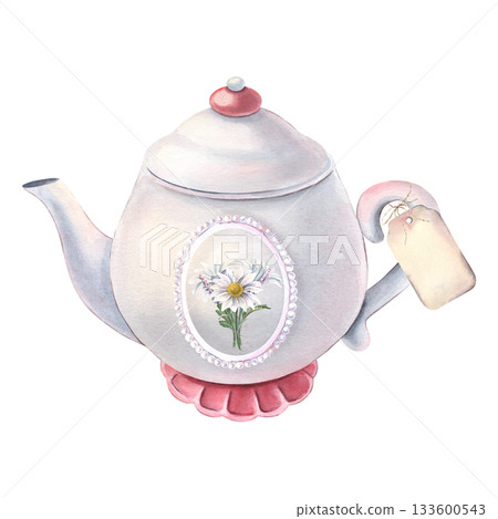 White ceramic teapot with pearl frame, bouquet of chrysanthemums, empty label. Hand-painted watercolor illustration isolated on white for kitchen print, menu, tea, tableware branding, cards, textile 133600543