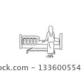Back view of a woman looking at a nursing bed, line drawing Back view of a woman looking at a nursing bed, line drawing 133600554