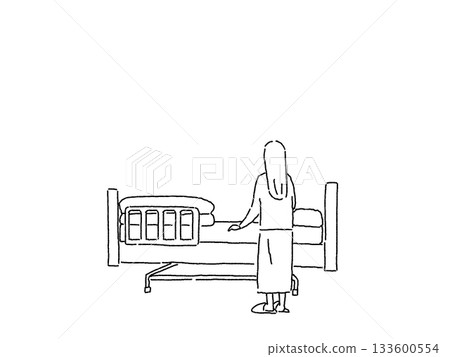 Back view of a woman looking at a nursing bed, line drawing 133600554