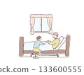 A little boy sits next to his grandmother in bed A little boy sits next to his grandmother in bed 133600555