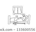 A little boy sitting beside his grandmother in bed, line drawing A little boy sitting beside his grandmother in bed, line drawing 133600556