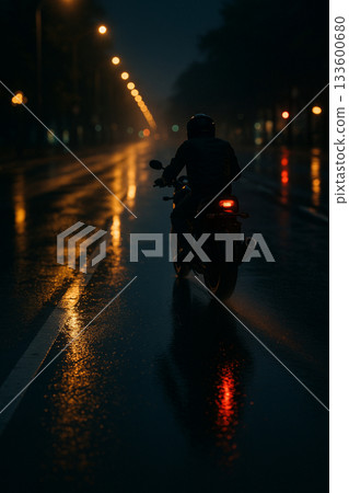 A motorcycle running through a city on a rainy night and the reflection of light on the wet road 133600680