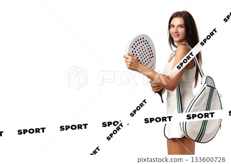 Young woman holding paddle ready to play sport in bright studio setting Young woman holding paddle ready to play sport in bright studio setting 133600726