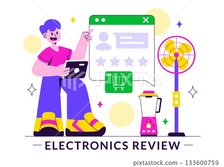 Electronics Review Vector Illustration with Customer Ratings on Service Quality and User Feedback in a Flat Cartoon Background Electronics Review Vector Illustration with Customer Ratings on Service Quality and User Feedback in a Flat Cartoon Background 133600759
