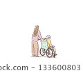 Rear view of a young woman pushing an elderly woman's wheelchair, Rear view of a young woman pushing an elderly woman's wheelchair, 133600803