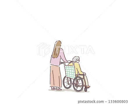 Rear view of a young woman pushing an elderly woman's wheelchair, 133600803