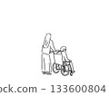 Rear view of a young woman pushing an elderly woman's wheelchair, line drawing Rear view of a young woman pushing an elderly woman's wheelchair, line drawing 133600804