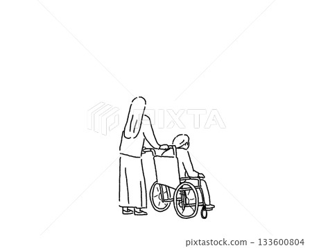 Rear view of a young woman pushing an elderly woman's wheelchair, line drawing 133600804