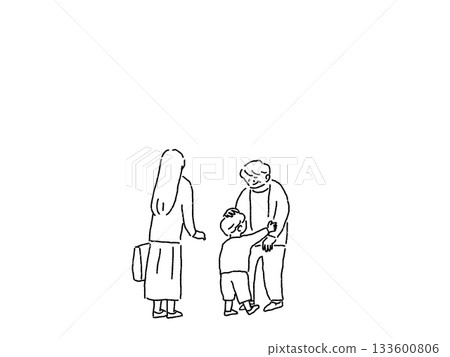 A boy hugging his grandmother and a woman looking at him, line drawing A boy hugging his grandmother and a woman looking at him, line drawing 133600806