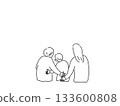 Back view of a cuddling grandmother, boy, woman, parent and child, line drawing Back view of a cuddling grandmother, boy, woman, parent and child, line drawing 133600808