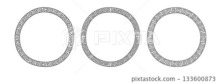 Greek doodle circle frame. Hand drawn roman round frame. Greek or Roman ancient motif border design. Ancient ornament circle element. Vector illustration isolated on white background 133600873