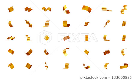 3D Many golden confetti pieces falling. 133600885