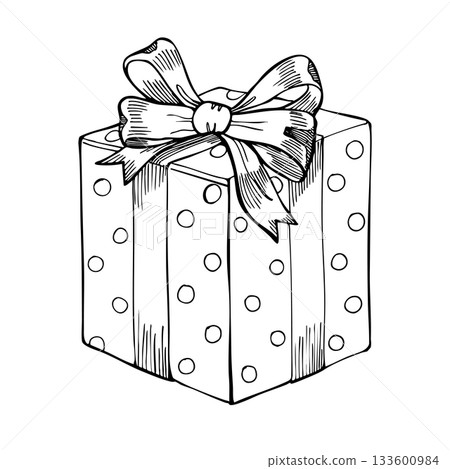 Hand-drawn vintage gift box illustration with an elegant ribbon bow. Perfect for Christmas designs, festive branding, greeting cards, packaging concepts, stickers and decorative holiday projects. Hand-drawn vintage gift box illustration with an elegant ribbon bow. Perfect for Christmas designs, festive branding, greeting cards, packaging concepts, stickers and decorative holiday projects. 133600984
