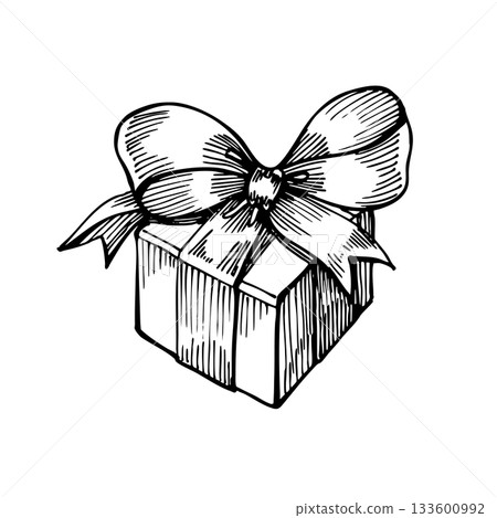 Hand-drawn vintage gift box illustration with an elegant ribbon bow. Perfect for Christmas designs, festive branding, greeting cards, packaging concepts, stickers and decorative holiday projects. 133600992