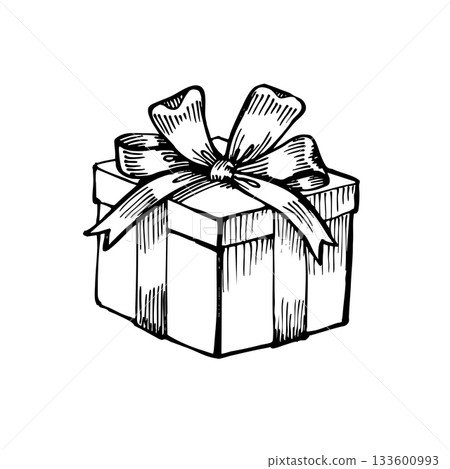 Hand-drawn vintage gift box illustration with an elegant ribbon bow. Perfect for Christmas designs, festive branding, greeting cards, packaging concepts, stickers and decorative holiday projects. 133600993