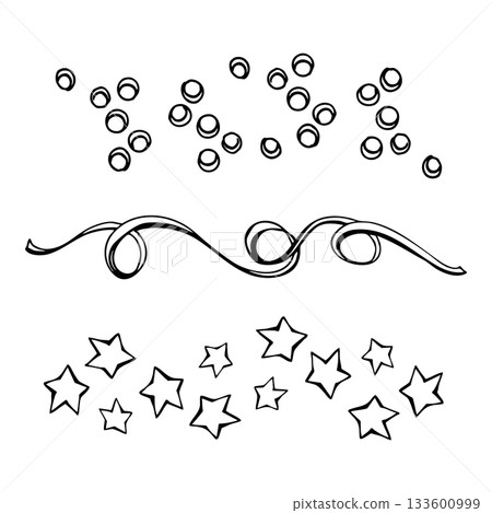 Hand-drawn Christmas elements set: berries, stars and swirling ribbon. Great for festive compositions, cards, packaging, patterns, decorative borders and winter graphic design projects. 133600999