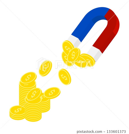 Isometric magnet attracts profits from successful trades. Isolated cartoon vector concept on white background top view 133601373