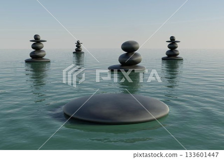 Stone stacks are emerging from calm teal water in 3D render, showcasing balanced stone piles 133601447