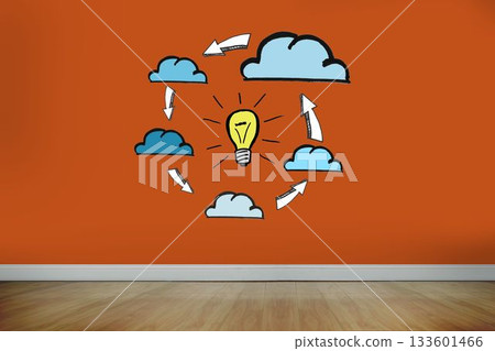 Light bulb and clouds on orange wall Light bulb and clouds on orange wall 133601466