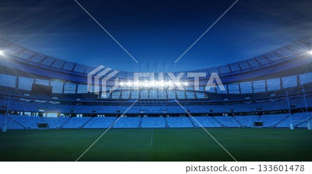 Empty stadium interior is glowing under floodlights in flat design, with green pitch and seats Empty stadium interior is glowing under floodlights in flat design, with green pitch and seats 133601478
