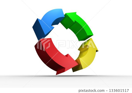 Four thick arrows are forming continuous loop in 3D render, hovering above plain white surface Four thick arrows are forming continuous loop in 3D render, hovering above plain white surface 133601517